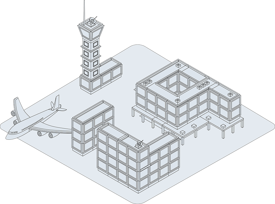 EBAT_Website_Grafik_Objekttypen_AirportV2 Grafik von einem Flughafen mit Tower, Flughafengebäuden und Flugzeug